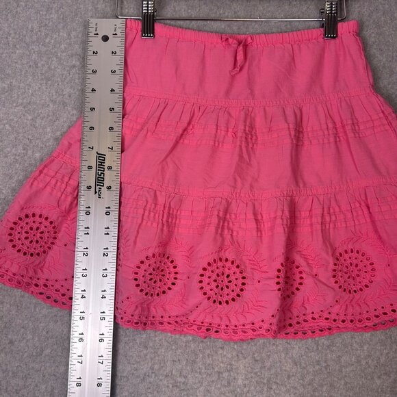 Mini Boden Skirt Girls 5/6 Pink Cotton Eyelet Tiered Ruffle Hem Drawstring Waist - Picture 2 of 10